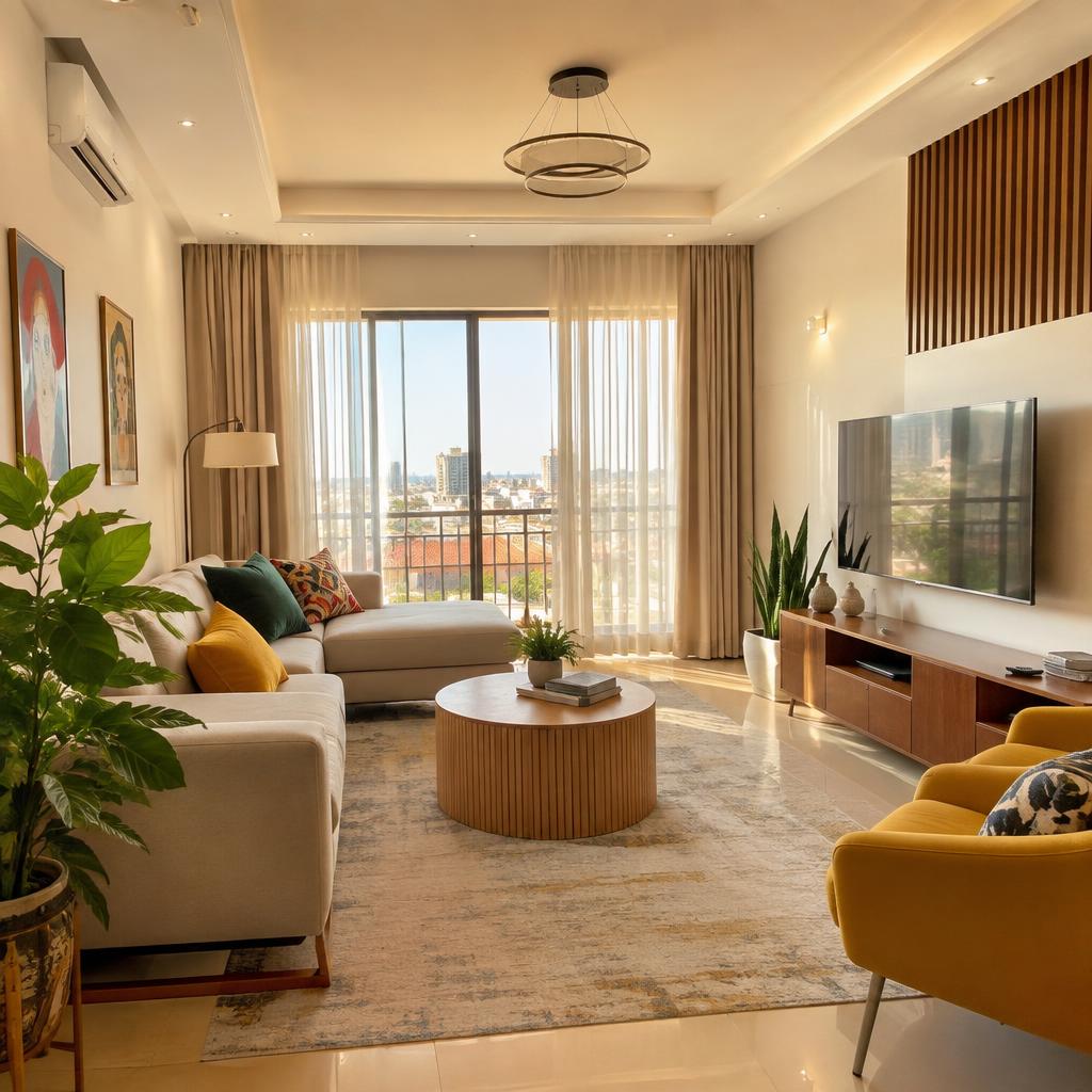 Warm, sunlit living room in a serviced apartment
